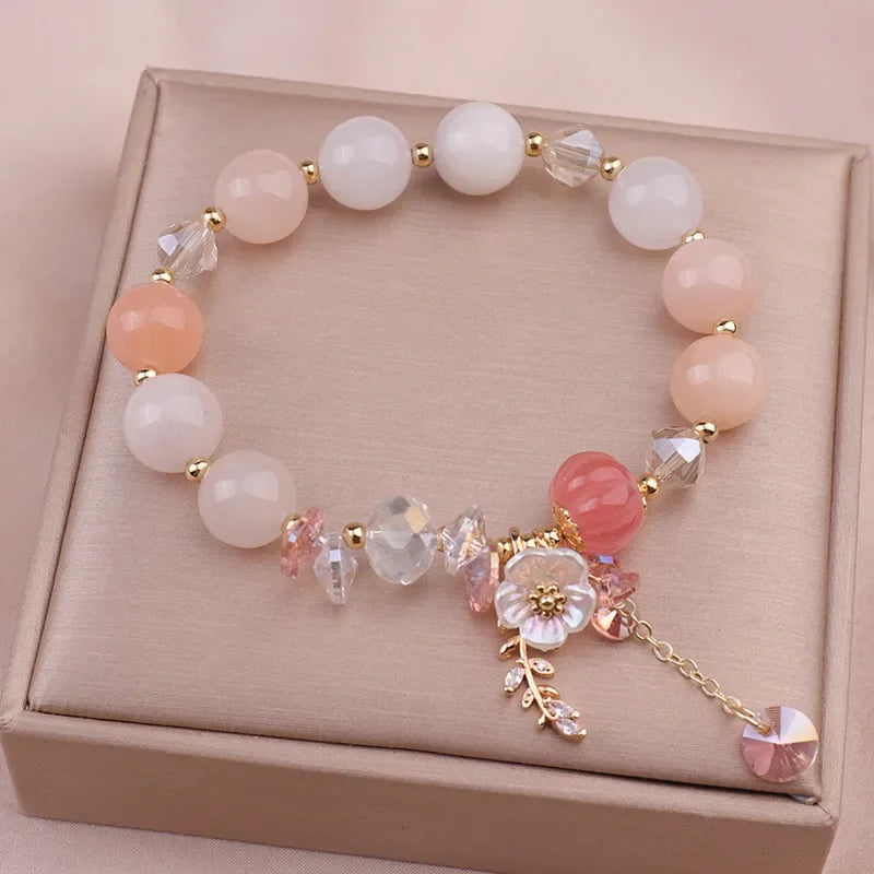 luckacco fashionable natural stone crystal bracelets women's light luxury leaf flower pendant beaded bracelet girlfriend party jewelry