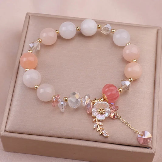 Luckacco Fashionable Natural Stone Crystal Bracelets Women's Light Luxury Leaf Flower Pendant Beaded Bracelet Girlfriend Party Jewelry