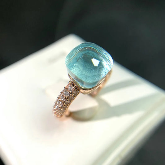 Luckacco Hot Candy Square Ring Inlay Zircon Colorful Crystal Ring For Women Party Fashion Jewelry Gold Plated Blue Topaz Ring Gift