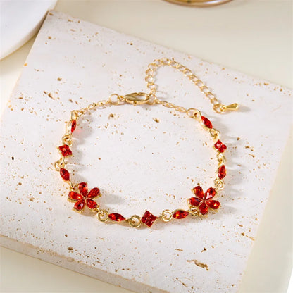 Luckacco Charm Red Crystal Zircon Flower Bracelet For Women Vintage Boho Full Rhinestone Flowers Bangles Girls Party Christmas Jewelry