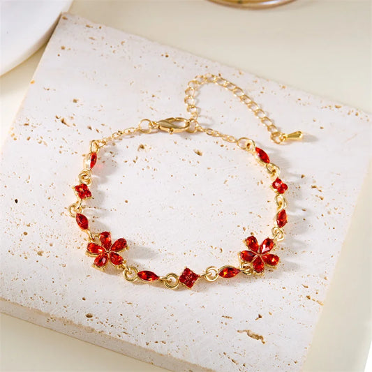 Luckacco Charm Red Crystal Zircon Flower Bracelet For Women Vintage Boho Full Rhinestone Flowers Bangles Girls Party Christmas Jewelry