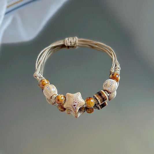 Luckacco Kaseakia Handmade Vintage Ceramic Stone Beads Wax Cord Adjustable Beaded Bracelets Bohemian Boho Jewelry for Women
