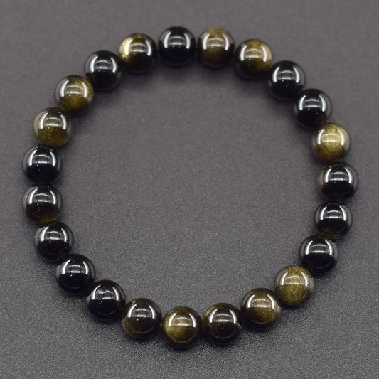 Luckacco Natural Golden Obsidian Stone Beads Bracelet Men Women Golden Light Rainbow Obsidian Tourmaline Wealth Money Round Jewelry Gift