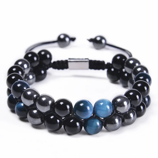 Luckacco 8MM Natural Tiger Eye Stone Adjustable Bracelet Double Layer Hand Woven  Row Strand Beaded Bangles Couple Party Jewelry