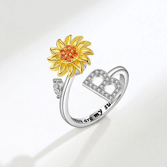 Luckacco Rotating Sunflower Initial Letter Rings For Women Anti Anxiety Spinner You Are My Sunshine Stainless Steel Ring Birthday Jewelry
