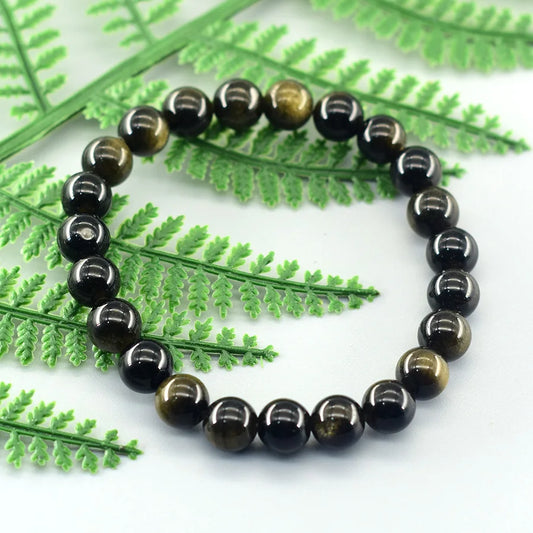 Luckacco Natural Golden Obsidian Stone Beads Bracelet Men Women Golden Light Rainbow Obsidian Tourmaline Wealth Money Round Jewelry Gift