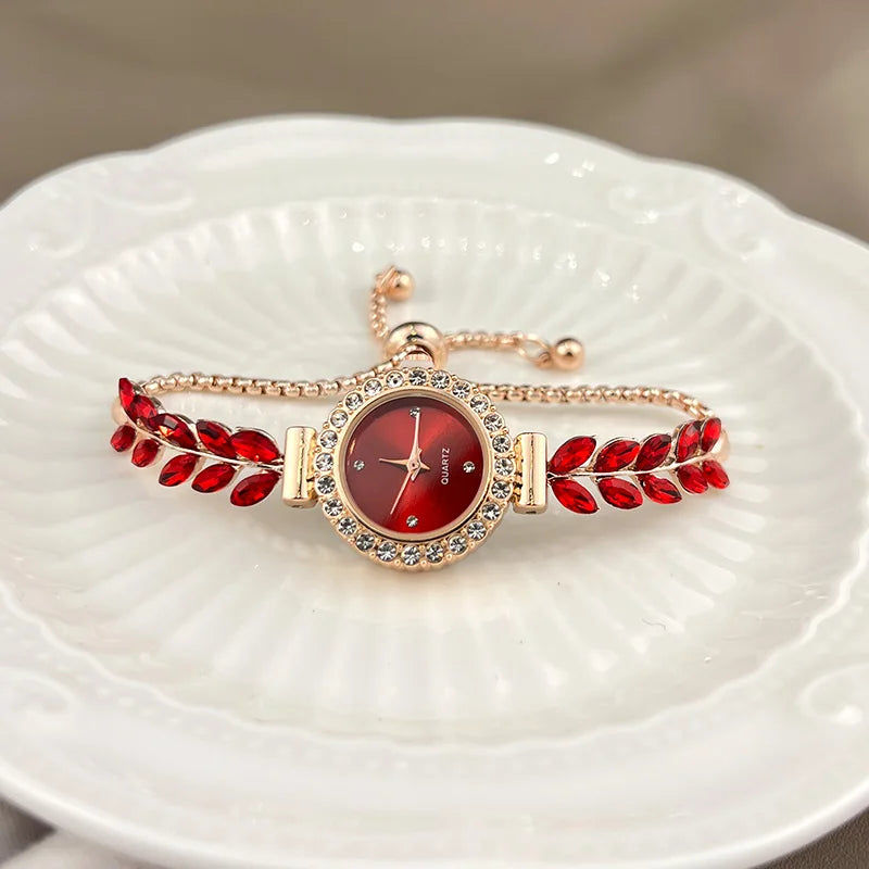 luckacco 2025 new fashion diamond-encrusted leaf round women's watch simple dial freely adjust cross-border gift watches