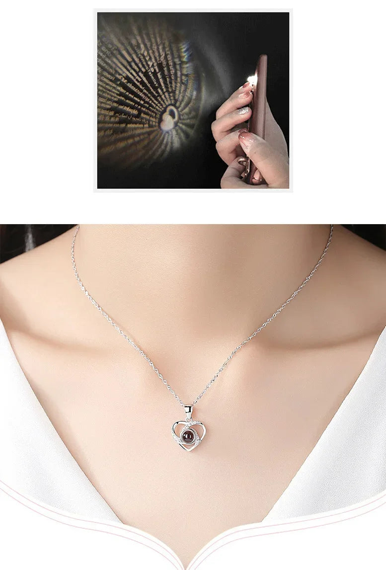 luckacco valentine's day gift projection 100 languages necklace simple heart shaped projection necklace birthday lover family memory gift
