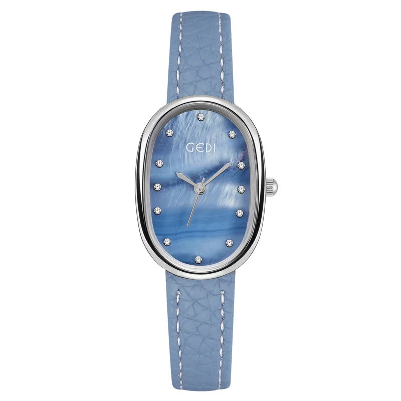 luckacco light luxury mother-of-pearl women's watch niche oval waterproof watch ladies litchi pattern leather belt quartz watch