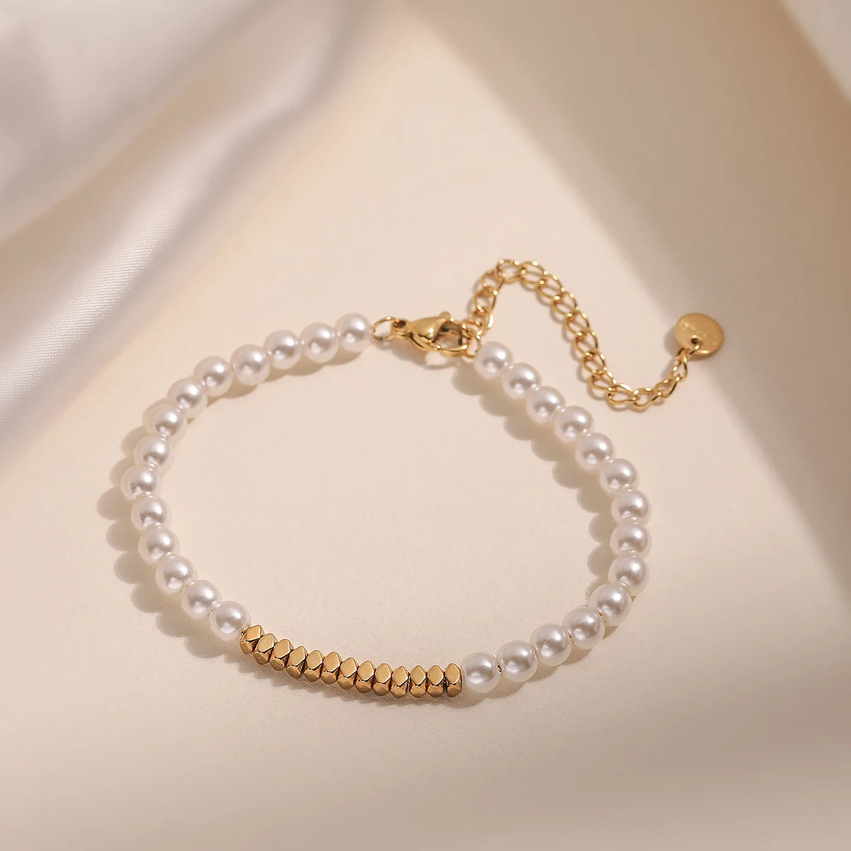 luckacco newbuy brand gold color stainless steel beads imitation pearl bracelet for elegant women non-fading jewelry