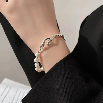 Luckacco 925 Sterling Silver Pearl Beads Bracelet for Women Girls Vintage Irregular Metal Charm Bangles Luxury Fashion Party Jewelry Gift