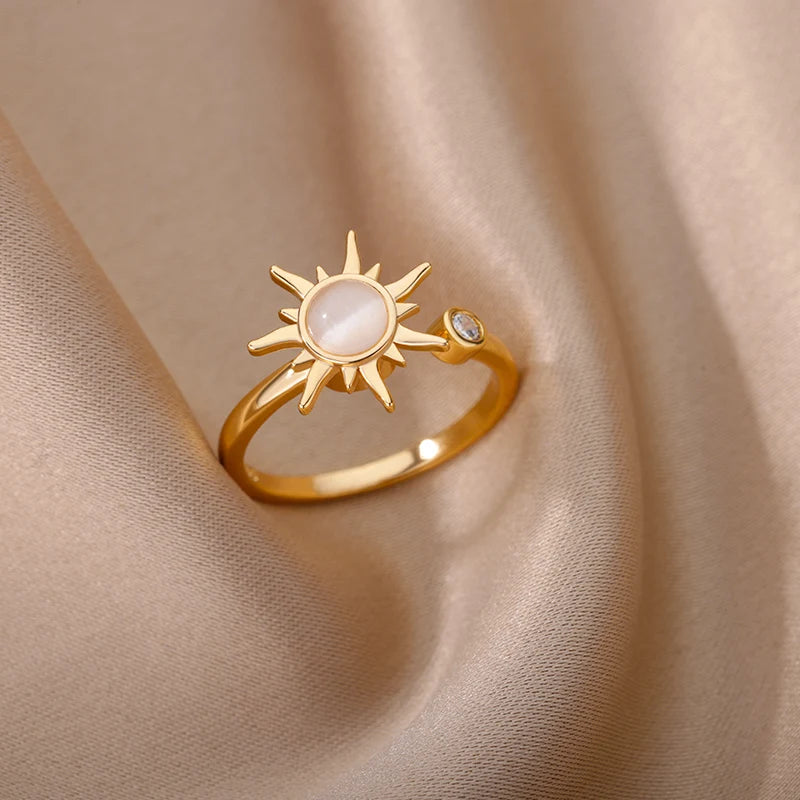 luckacco luxury gemstone flower stainless steel rings zircon adjustable ring women wedding anti fading jewelry vacation accessories gift