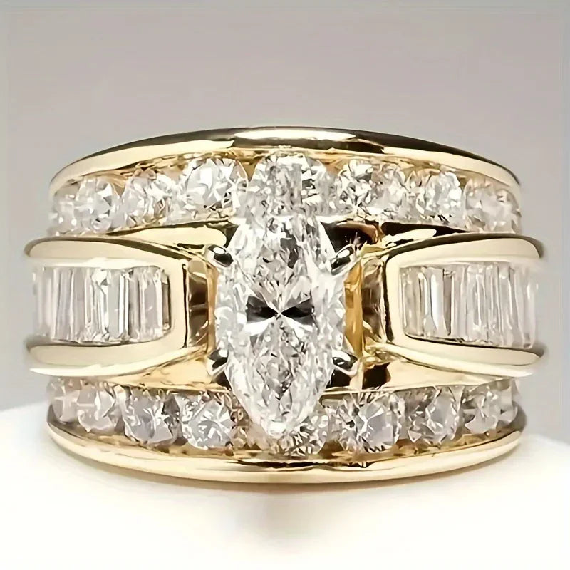 luckacco gorgeous three-row white zircon engagement rings fashion gold color party anniversary wedding rings for women