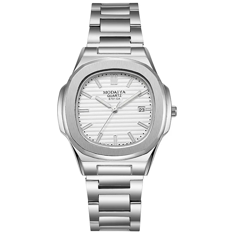luckacco 2024 luxury fashion casual men watches big dial silver stainless steel calendar quartz wristwatch classic top brand male clock