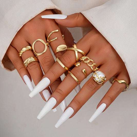 Luckacco Vintage Chic Geometric Stone Inlaid Ring Set for Women Simple Chunky Gold Color Geometric Rings Daily Wear Party Jewelry Gifts