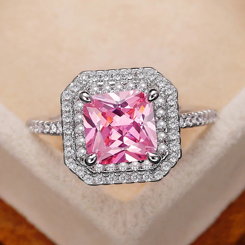 luckacco pink cubic zirconia ring suitable for women's engagement wedding luxury accessories sparkling silver fashion jewelry