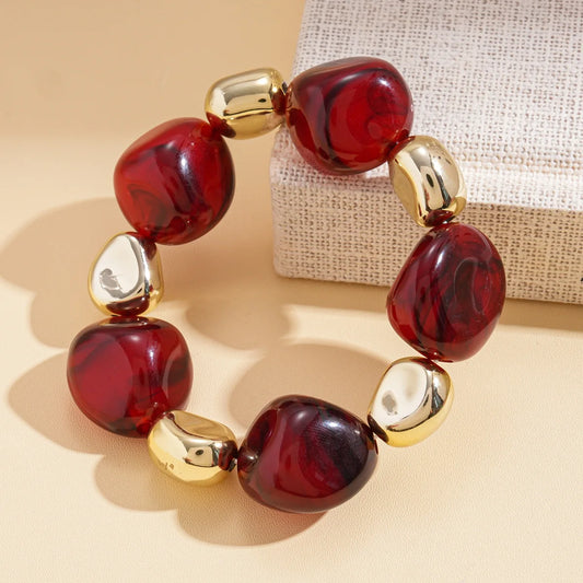 Luckacco 7 Styles Trendy Splicing Acrylic Round Beads Bracelets Bohemian Thick Irregular Resin Elastic Bangles Retro Jewelry for Women F