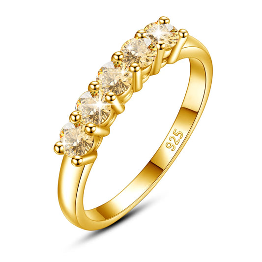 Luckacco Certified Natural Original Champagne Yellow Moissanite Ring 1.0CT 5 Stone Wedding Band For Woman Engagement Jewelry Gift Female