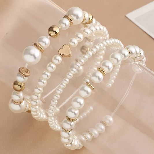 Luckacco 4pcs Unisex Fashion Simple Pearl Bracelet Set faux pearl