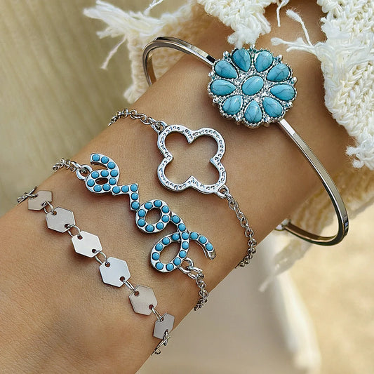 Luckacco KMVEXO 5Pcs/Set Vintage Bohemian Turquoise Inlaid Bracelets Women Ethnic Style Flower Feather Cuff Bracelet Bangles Boho Jewelry