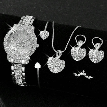 Luckacco Women's Quartz Watch Gold Luxury Women Ring Necklace Earring Rhinestone Fashion Wristwatch Casual Ladies Watches Jewelry Set ﻿