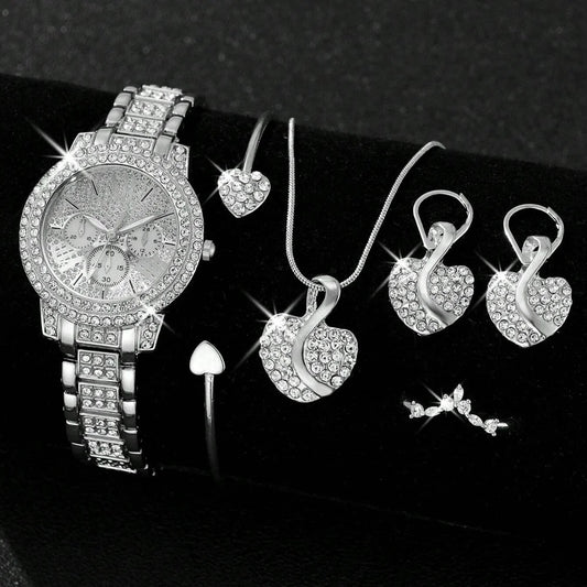 Luckacco Women's Quartz Watch Gold Luxury Women Ring Necklace Earring Rhinestone Fashion Wristwatch Casual Ladies Watches Jewelry Set ﻿