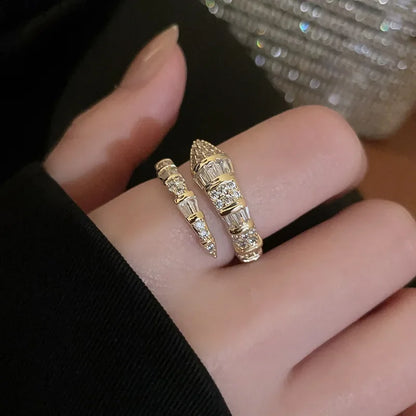 Luckacco Versatile Fashion Trendy Snake Shaped Open Rings for Women High-end Zircon Stainless Steel Adjustable Rings Jewelry Accessories