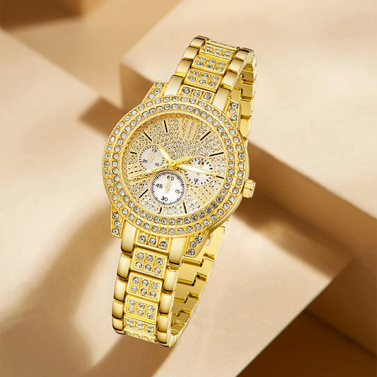 Luckacco Women's Quartz Watch Gold Luxury Women Ring Necklace Earring Rhinestone Fashion Wristwatch Casual Ladies Watches Jewelry Set ﻿