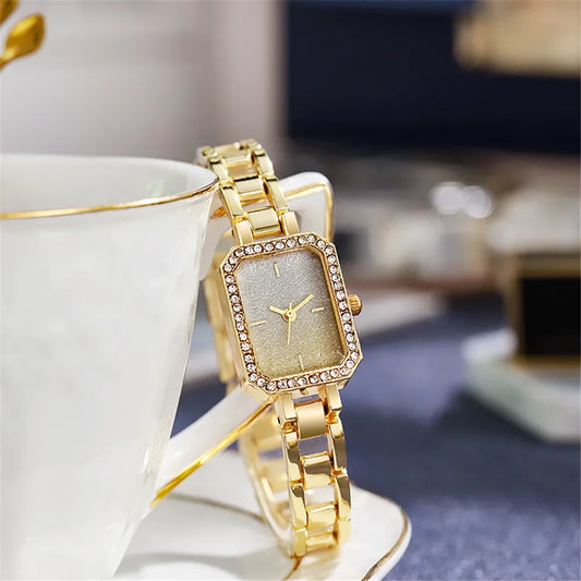 Luckacco Luxury Ladies Brand Watches Fashion Dresses Square Crystal Minimalist Design Women Quartz Watch Stainless Steel Skeleton Clock