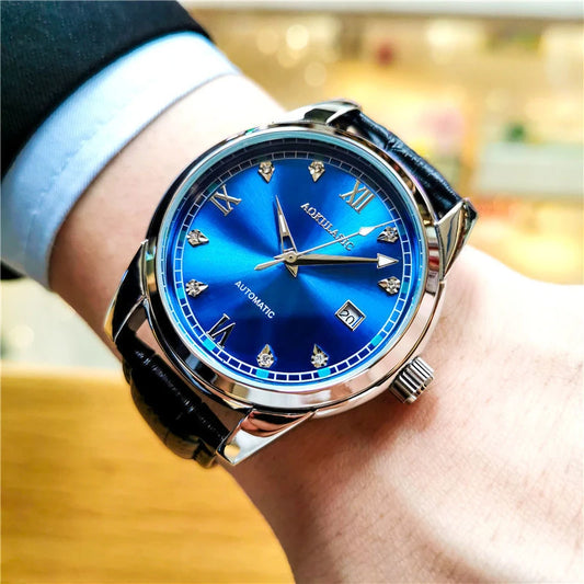 Luckacco New Stylish High-End Business Men's Watch, Fully Automatic Mechanical Watch, Skeleton Design, Round Dial, with Calendar Display, Leather Strap, Fashionable Accessory, Suitable for Business and Casual Wear, European, American, Japanese, and K