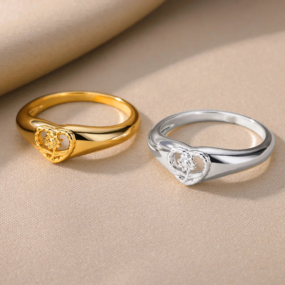 luckacco sunflower heart rings for women gold color stainless steel ring female engagement wedding party finger jewelry gift 2024 trend
