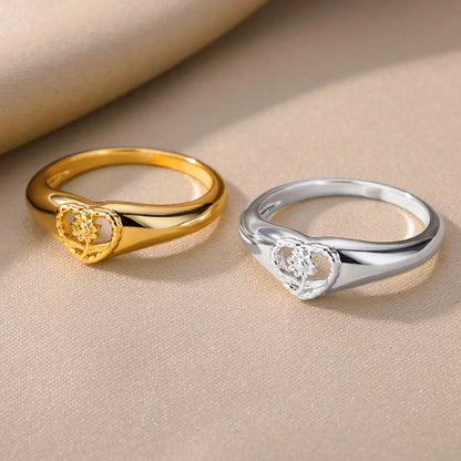 Luckacco Sunflower Heart Rings For Women Gold Color Stainless Steel Ring Female Engagement Wedding Party Finger Jewelry Gift 2024 Trend