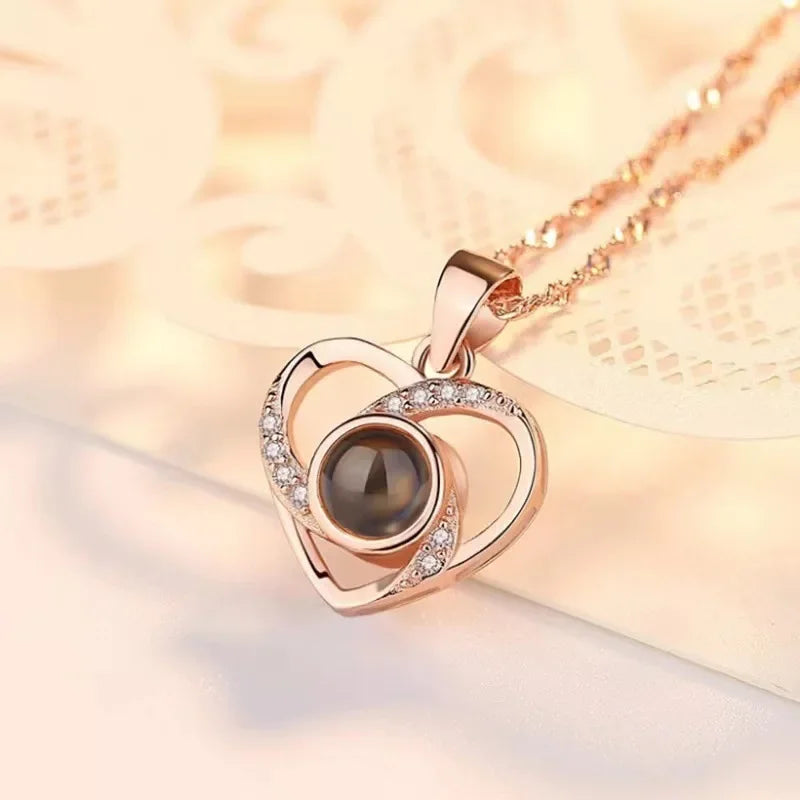 luckacco valentine's day gift projection 100 languages necklace simple heart shaped projection necklace birthday lover family memory gift