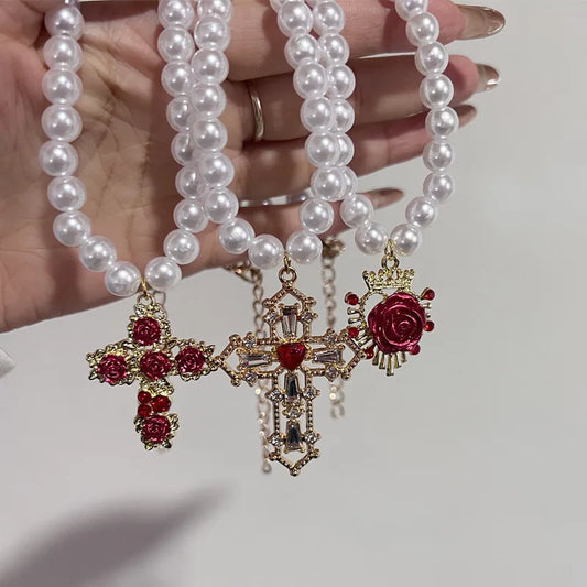 Luckacco Vintage Red Rose Baroque Cross Pearl Pendant Necklace for Women's Palace Aesthetic Jewelry
