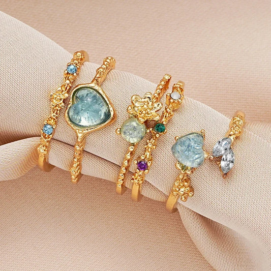 Luckacco 2024 Fashion Jewelry Crystal Rings Heart Adjustable Ring Irregular Geometry Punk Vintage Rings Set for Women Girls