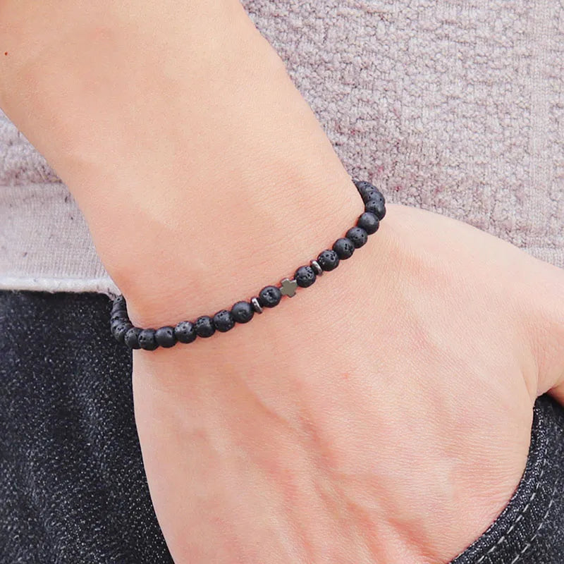 luckacco new fashion cross bracelet for men 4mm small beads strand braslet natural red howlite lava stone braclet hematite healing joias