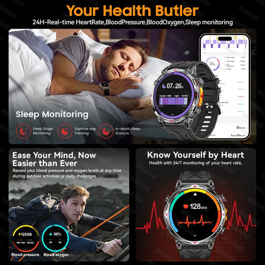 Luckacco 2025New Military GPS Sports SmartWatch Men 1.56" AMOLED Screen Compass Altimeter 5ATM Waterproof 560mAh Wireless Call Smartwatch