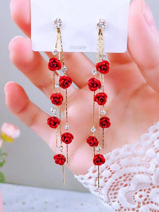 Luckacco 2pcs retro style long style diamond inlaid rose earrings for women's daily dating accessories