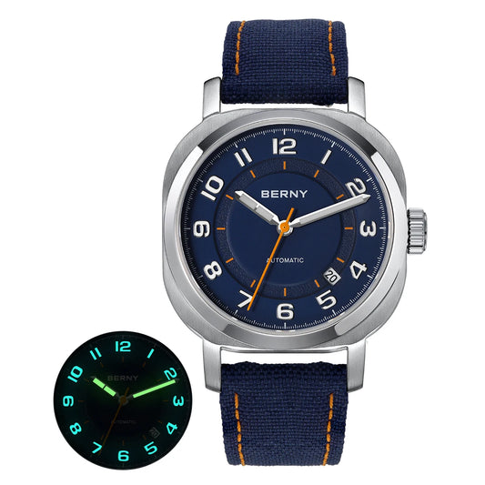 Luckacco BERNY Mechanical Watch for Women Self-wind Pillow Cushion Sapphire Super Luminous Wristwatch Canvas Calendar Watch for Ladies