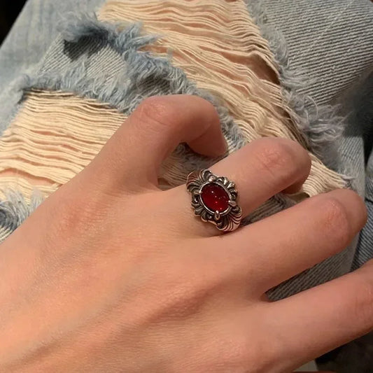 Luckacco Vintage Gothic Red Crystal Cross Geometry Open Rings for Women Y2k Punk Creative Grunge Jewelry Accessories Gift