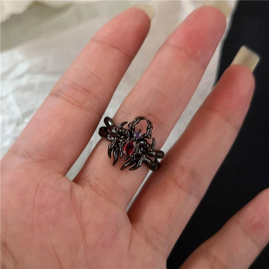 Luckacco Goth Punk Retro Red Crystal Love Heart Cross Geometry Irregular Open Ring Set Y2K Halloween Accessories For Women Kpop Jewelry