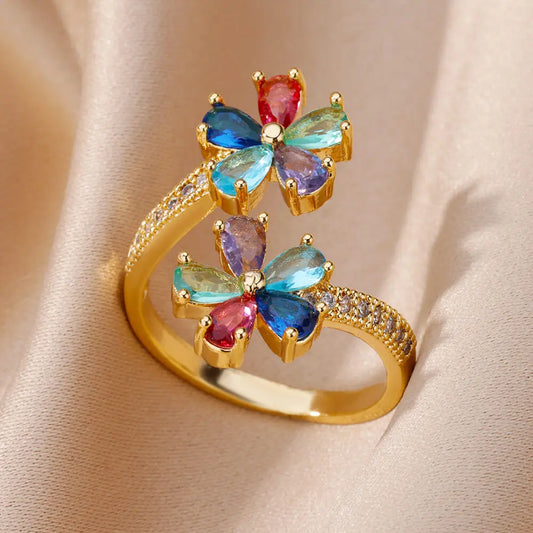 Luckacco 2025 Fashion Colorful Zircon Flower Rings For Women Gold Color Stainless Steel Finger Ring Trend Luxury Boho Aesthetic Jewelry