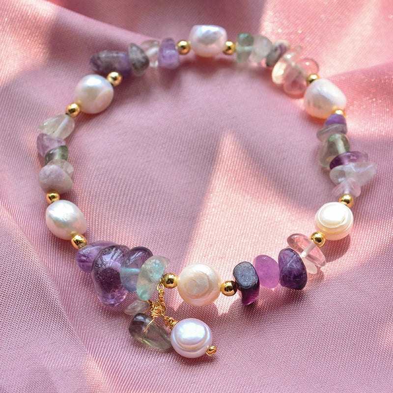 luckacco 100% natural freshwater pearl & purple crystal 14k gold filled female charm bracelet jewelry for women christmas gifts no fade