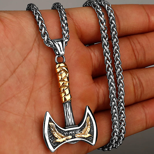 Luckacco Viking Odin Raven Huginn and Muninn Double Axe Titanium Steel Stainless Steel Necklace Pendant Men's Scandinavian Jewelry Gift