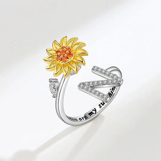 Luckacco Rotating Sunflower Initial Letter Rings For Women Anti Anxiety Spinner You Are My Sunshine Stainless Steel Ring Birthday Jewelry