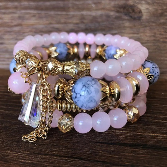 Luckacco Bohemian 4pcs Crystal Multi-layer Beaded Bracelet for Women Sweet Girls Colorful Round Shape Jewelry Friendship  Gifts