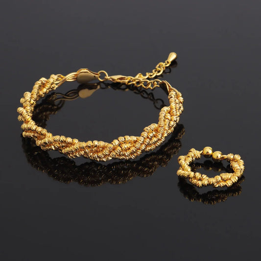 Luckacco Vintage Gold Color Middle East Women Jewelry Set Ethiopia Multi Layer And Multi Bead Design Bangle And Ring Wedding Easter Gift
