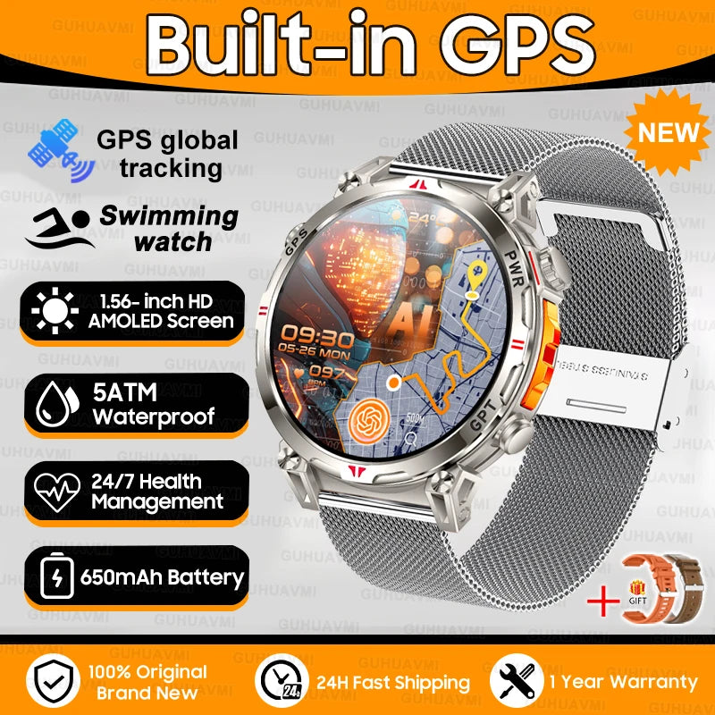 luckacco 2025new military gps sports smartwatch men 1.56" amoled screen compass altimeter 5atm waterproof 560mah wireless call smartwatch