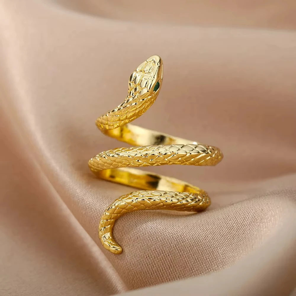 luckacco gold plated stainless steel green zircon snake rings for women men open adjustable finger ring vintage gothic aesthetic jewelry