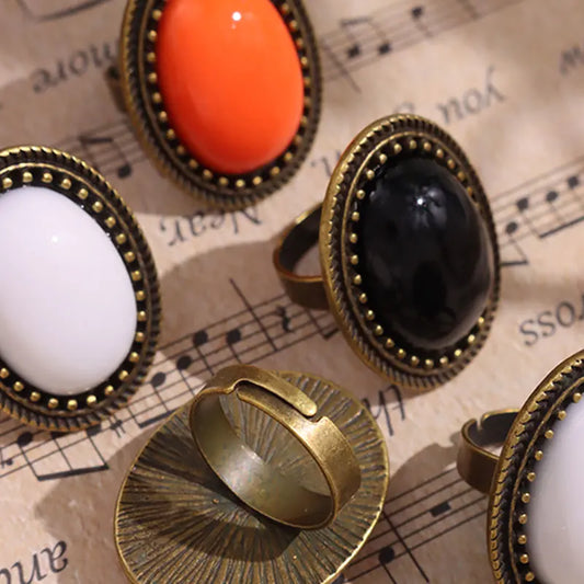 Luckacco Vintage Orange Color Black White Oval Resin Metal Rings for Women Girl Autumn Winter Elegant Jewelry Gift HUANZHI 2023 NEW